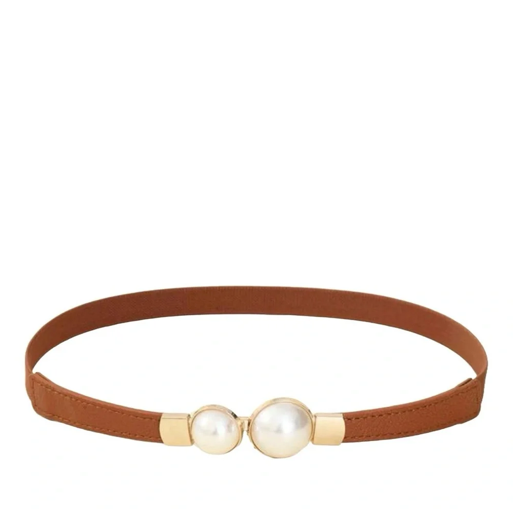 Plus Size Brown Pearl Accent Stretch Belt